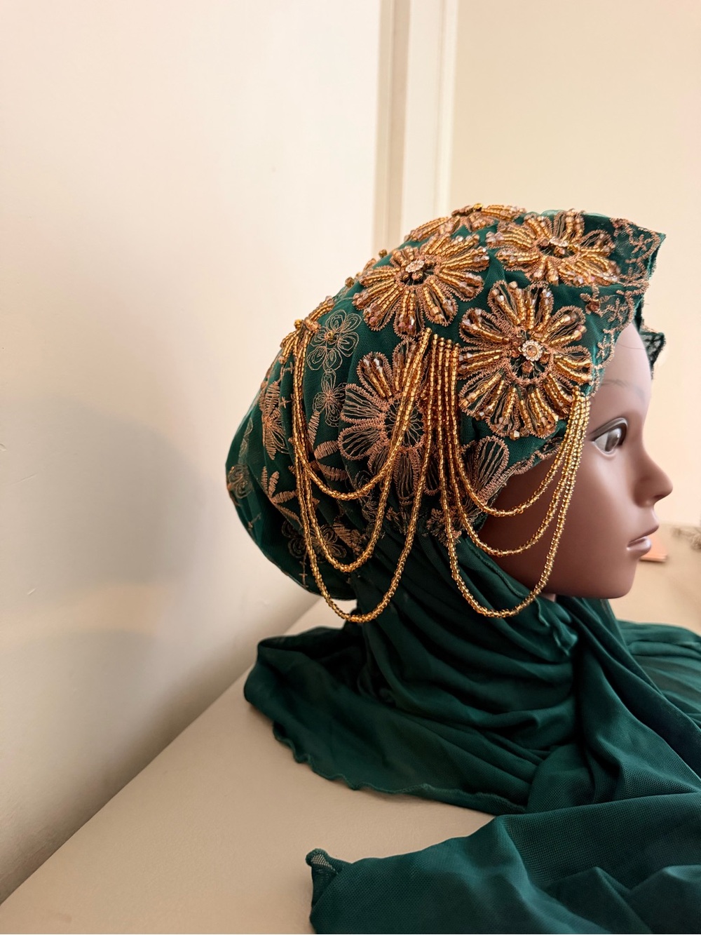 Gold-Embellished Green Hijab Headpiece